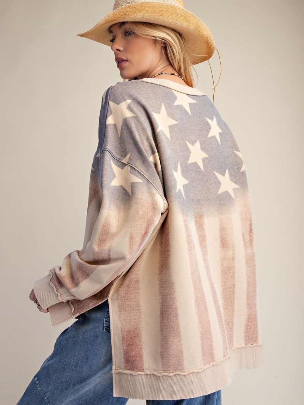 Easel American Flag Washed Terry Oversized  Pullover - Picture 5 of 5